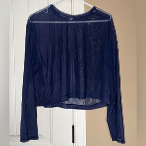Athleta Navy Sheer Long-Sleeve Crew Neck Top